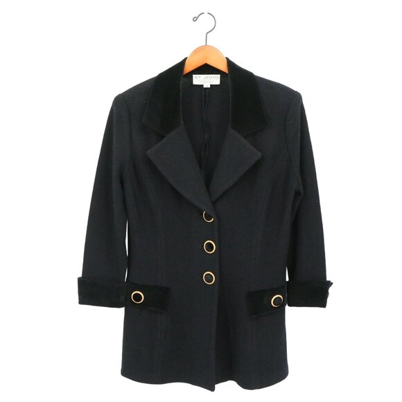 St. John Collection Black Knit Tuxedo Collar & Gold Button Blazer Jacket 12 - Picture 1 of 4